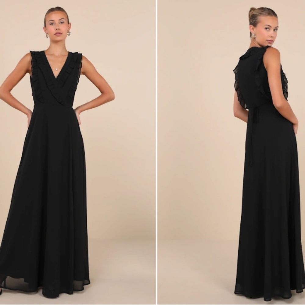 LULU's Wedding Bridesmaid Elegant Sophisticated CHic Romantic Ruffles Wrap Dress - Picture 5 of 5